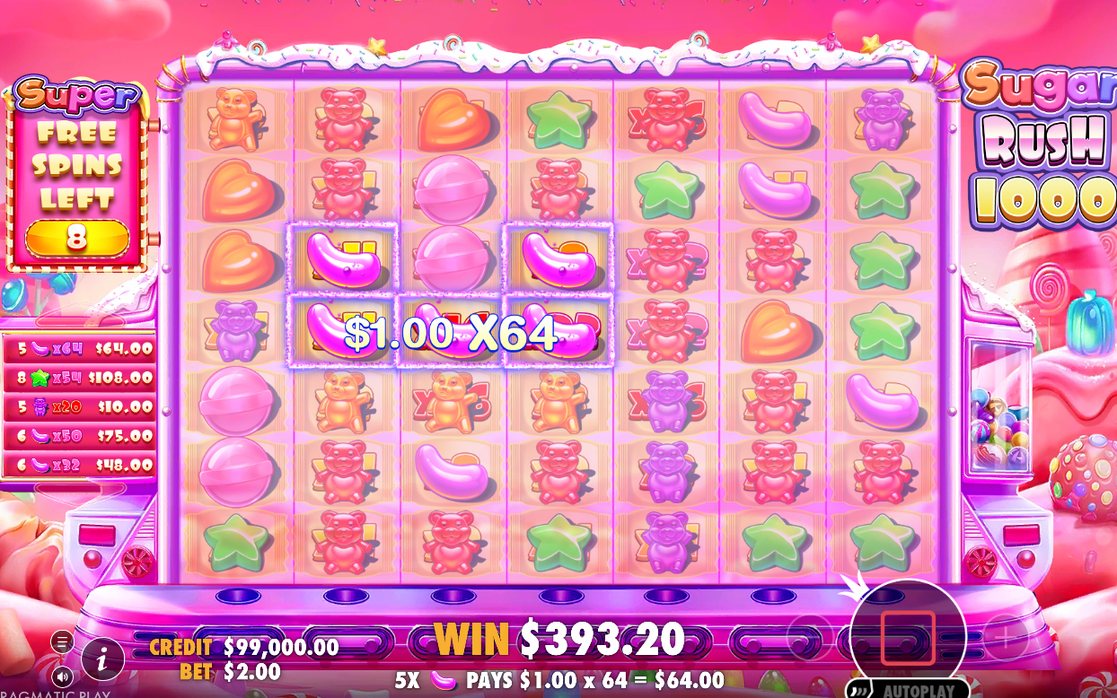 Win screen after a tumble chain, multiplier spots still visible