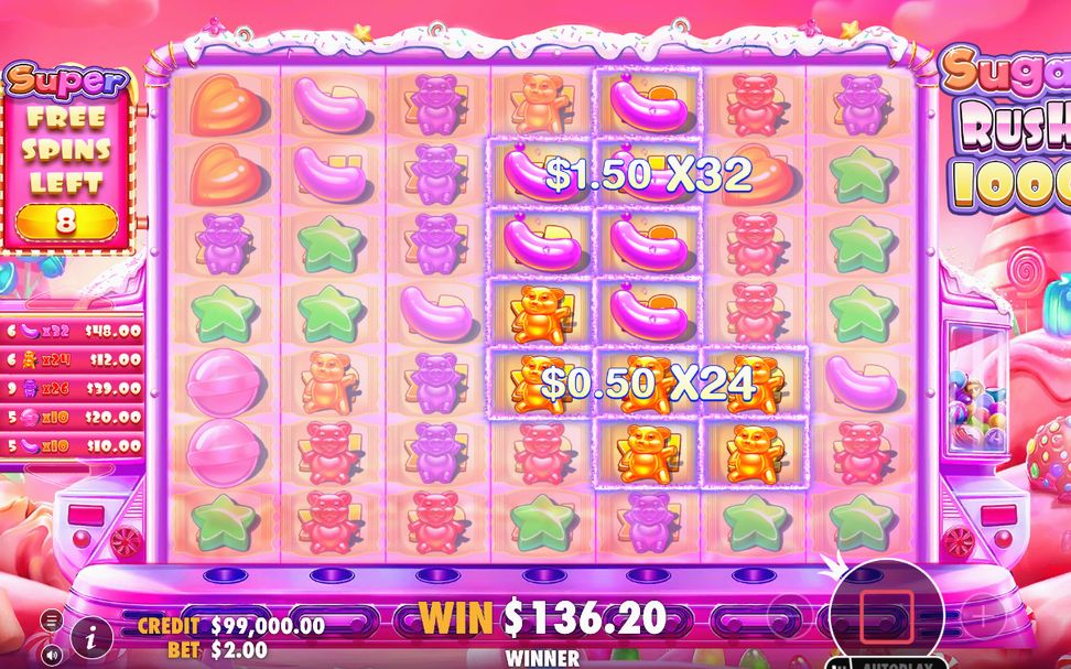 Win screen with a cluster paid on the 7x7 grid